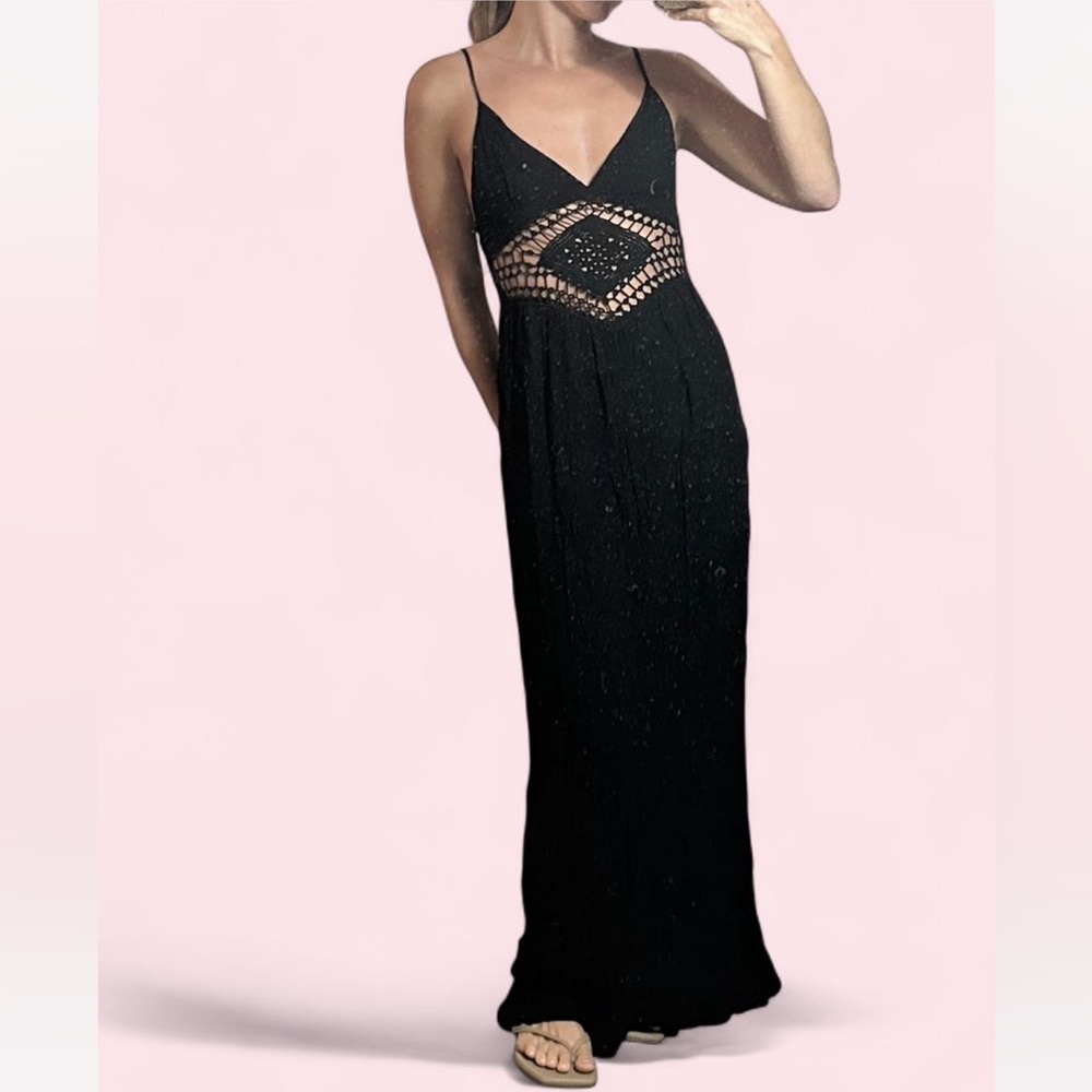 Black Crochet-Waist Maxi Dress with Spaghetti Straps